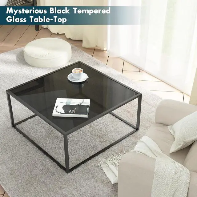 Alt view image 3 of 6 - SAYGOER Black Glass Coffee Table Small Modern Coffee Tables 26.7in Square Tempered Glass-Top Accent Center Table for Living Room Home Office with Black Metal Frame Easy Assembly