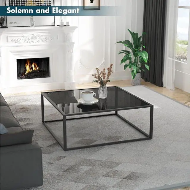 Alt view image 4 of 6 - SAYGOER Black Glass Coffee Table Small Modern Coffee Tables 26.7in Square Tempered Glass-Top Accent Center Table for Living Room Home Office with Black Metal Frame Easy Assembly