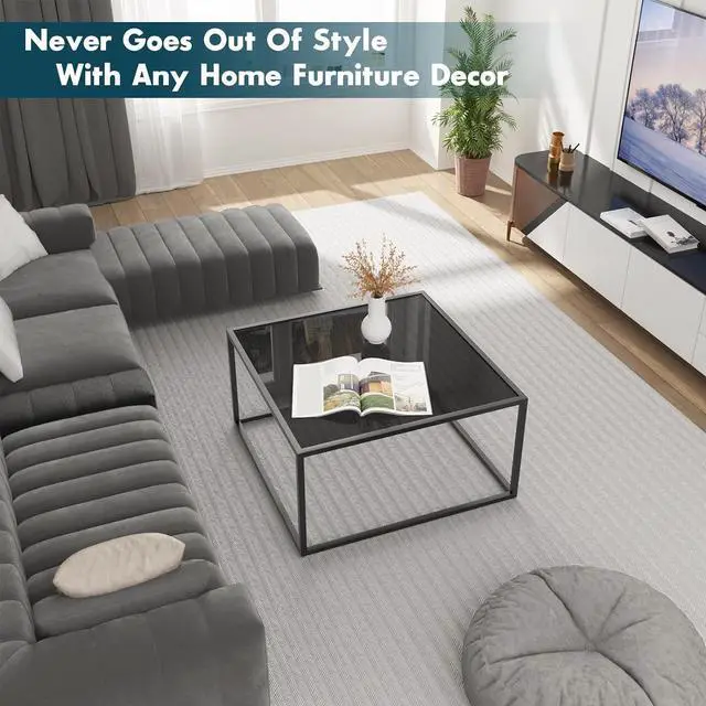 Alt view image 5 of 6 - SAYGOER Black Glass Coffee Table Small Modern Coffee Tables 26.7in Square Tempered Glass-Top Accent Center Table for Living Room Home Office with Black Metal Frame Easy Assembly