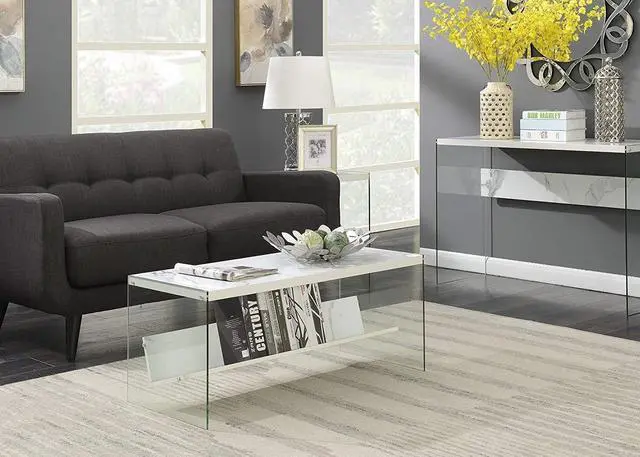 Alt view image 2 of 3 - Convenience Concepts SoHo Glass Coffee Table with Shelf, White Faux Marble/Glass