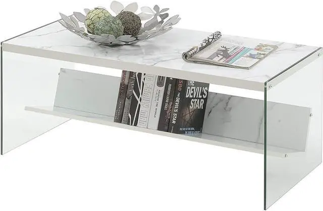 Alt view image 3 of 3 - Convenience Concepts SoHo Glass Coffee Table with Shelf, White Faux Marble/Glass