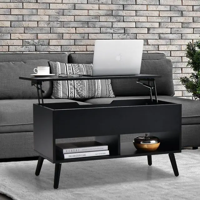 Alt view image 2 of 7 - Giantex Lift Top Coffee Table, Modern Cocktail Table w/Hidden Compartment & 2 Open Shelves, Flip Top Center Table, Wooden Pull up Coffee Table for Living Room, Reception Room, Office (Black)