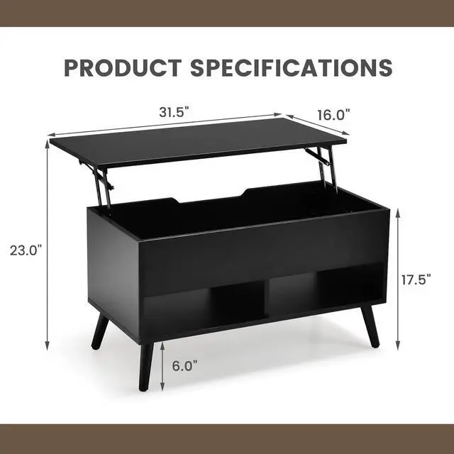 Alt view image 3 of 7 - Giantex Lift Top Coffee Table, Modern Cocktail Table w/Hidden Compartment & 2 Open Shelves, Flip Top Center Table, Wooden Pull up Coffee Table for Living Room, Reception Room, Office (Black)
