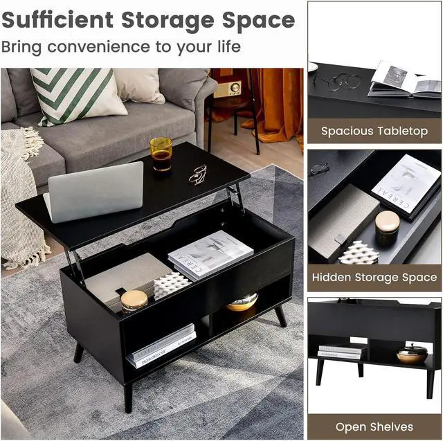 Alt view image 4 of 7 - Giantex Lift Top Coffee Table, Modern Cocktail Table w/Hidden Compartment & 2 Open Shelves, Flip Top Center Table, Wooden Pull up Coffee Table for Living Room, Reception Room, Office (Black)