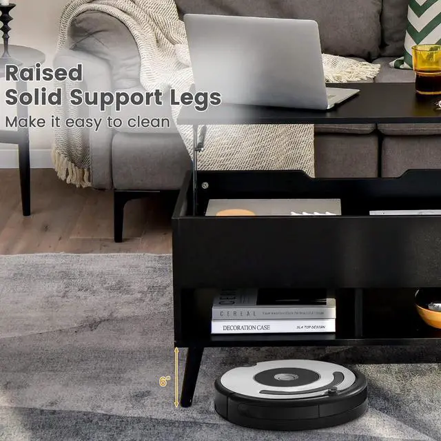 Alt view image 5 of 7 - Giantex Lift Top Coffee Table, Modern Cocktail Table w/Hidden Compartment & 2 Open Shelves, Flip Top Center Table, Wooden Pull up Coffee Table for Living Room, Reception Room, Office (Black)