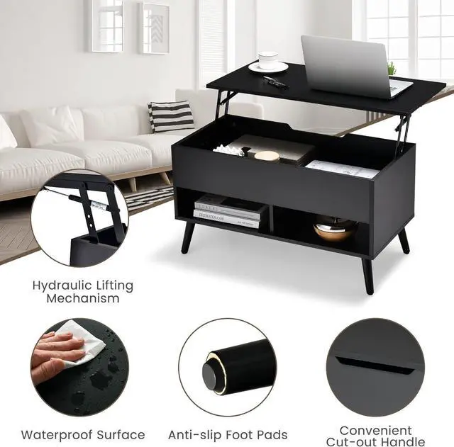 Alt view image 6 of 7 - Giantex Lift Top Coffee Table, Modern Cocktail Table w/Hidden Compartment & 2 Open Shelves, Flip Top Center Table, Wooden Pull up Coffee Table for Living Room, Reception Room, Office (Black)
