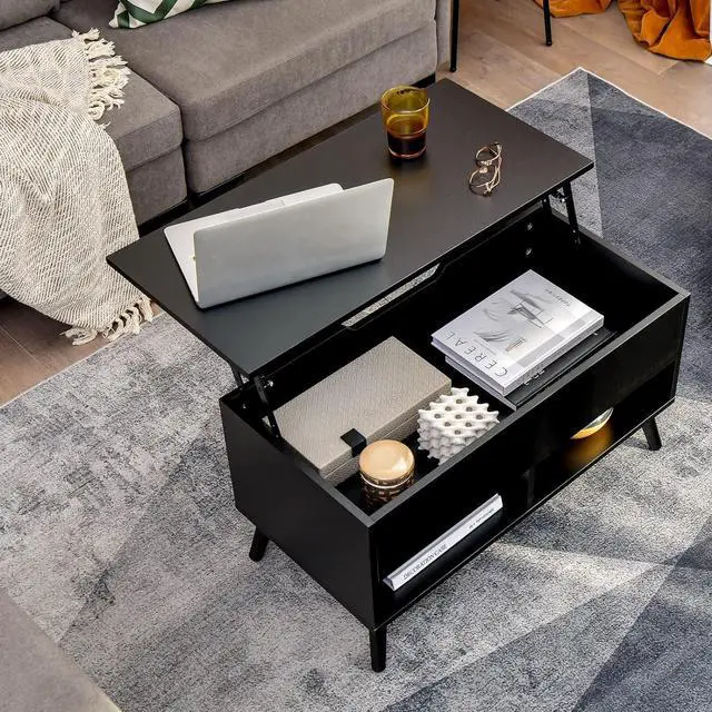 Alt view image 7 of 7 - Giantex Lift Top Coffee Table, Modern Cocktail Table w/Hidden Compartment & 2 Open Shelves, Flip Top Center Table, Wooden Pull up Coffee Table for Living Room, Reception Room, Office (Black)