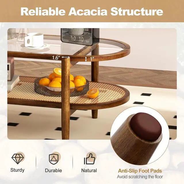 Alt view image 3 of 7 - GIANTEX Rattan Coffee Table, 40" Wood Oval Center Table, Brown