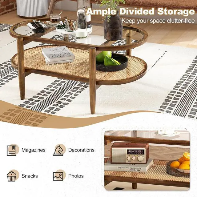 Alt view image 6 of 7 - GIANTEX Rattan Coffee Table, 40" Wood Oval Center Table, Brown