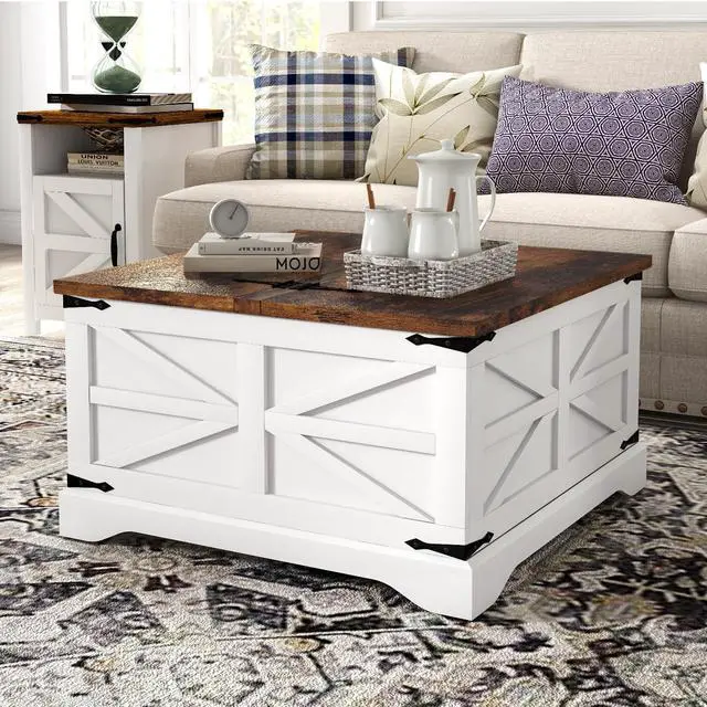 Main image of oneinmil Modern Farmhouse Coffee Table, Square Wood Center Table with Large Storage Space, Metal Corners, Z Shape, White