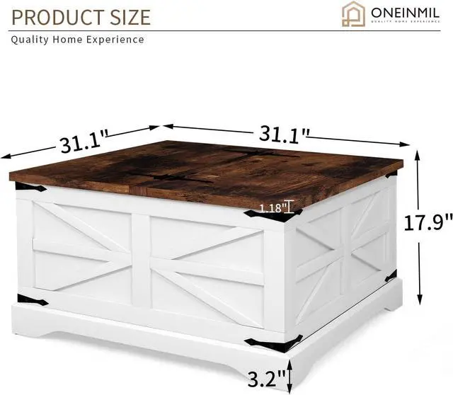 Alt view image 2 of 7 - oneinmil Modern Farmhouse Coffee Table, Square Wood Center Table with Large Storage Space, Metal Corners, Z Shape, White