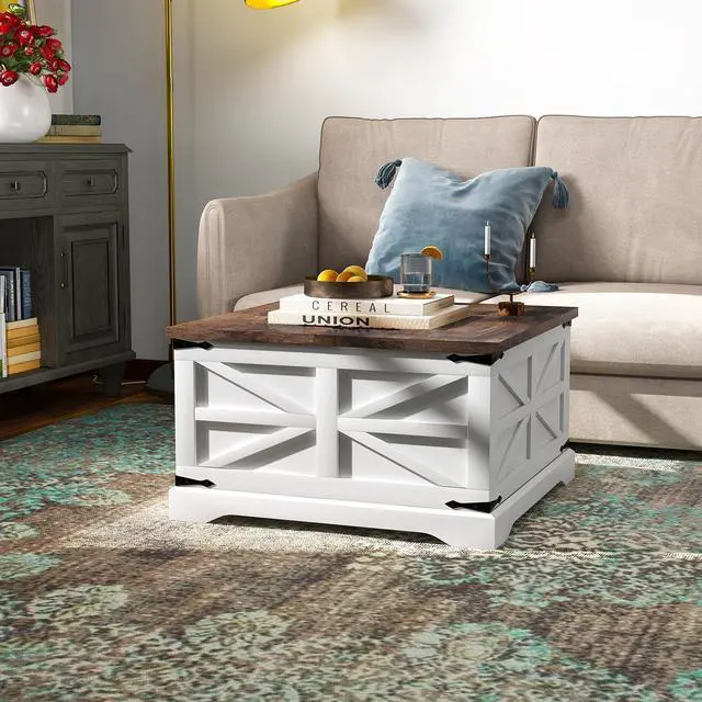 Alt view image 3 of 7 - oneinmil Modern Farmhouse Coffee Table, Square Wood Center Table with Large Storage Space, Metal Corners, Z Shape, White