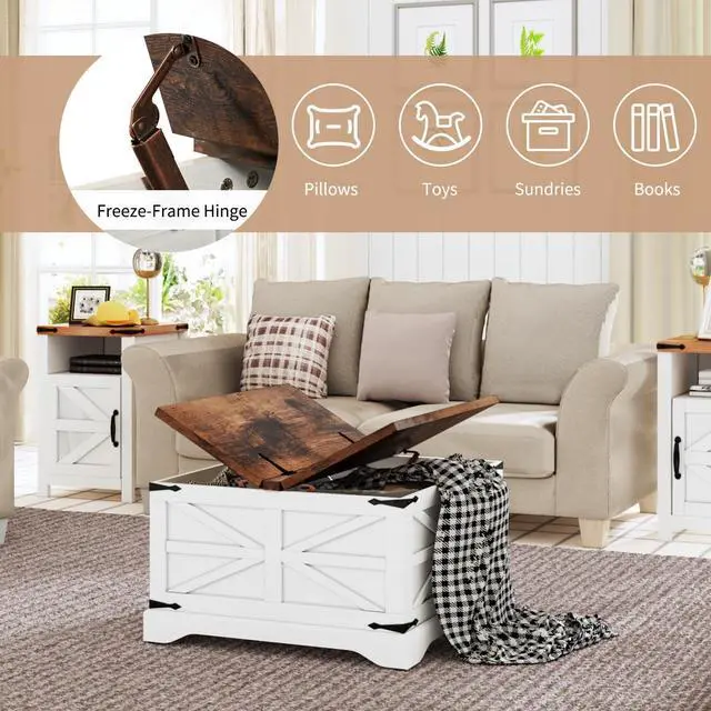 Alt view image 4 of 7 - oneinmil Modern Farmhouse Coffee Table, Square Wood Center Table with Large Storage Space, Metal Corners, Z Shape, White