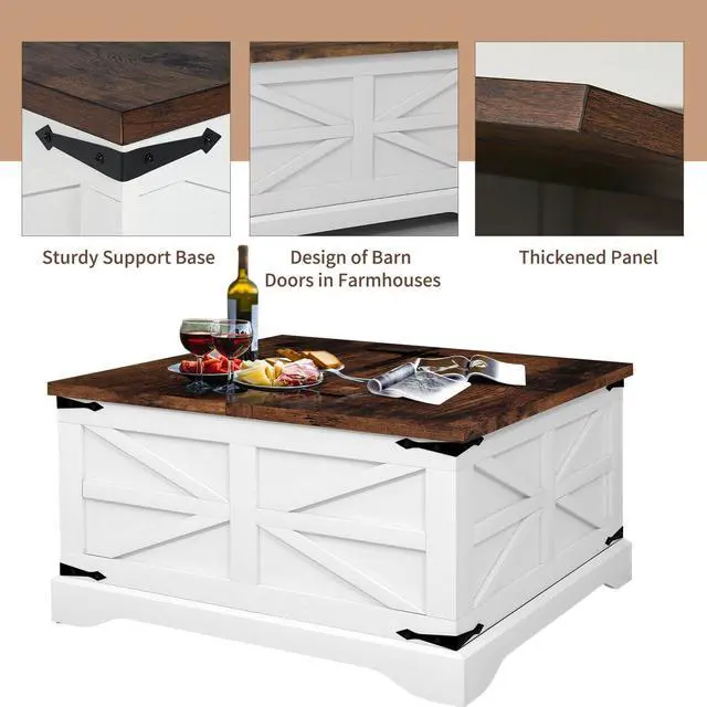 Alt view image 5 of 7 - oneinmil Modern Farmhouse Coffee Table, Square Wood Center Table with Large Storage Space, Metal Corners, Z Shape, White