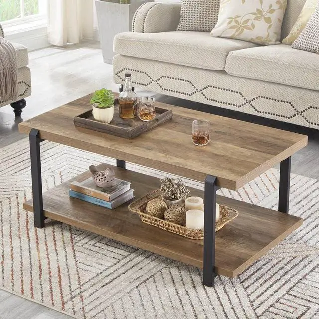 Main image of FOLUBAN Industrial Coffee Table with Shelf, Wood and Metal Rustic Cocktail Table for Living Room, Oak