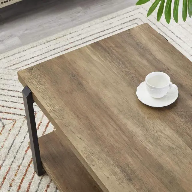 Alt view image 3 of 7 - FOLUBAN Industrial Coffee Table with Shelf, Wood and Metal Rustic Cocktail Table for Living Room, Oak