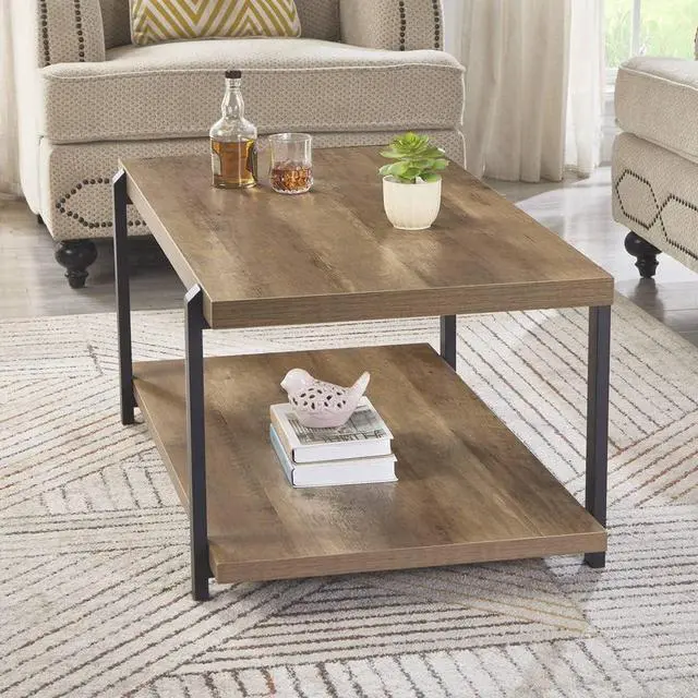 Alt view image 6 of 7 - FOLUBAN Industrial Coffee Table with Shelf, Wood and Metal Rustic Cocktail Table for Living Room, Oak