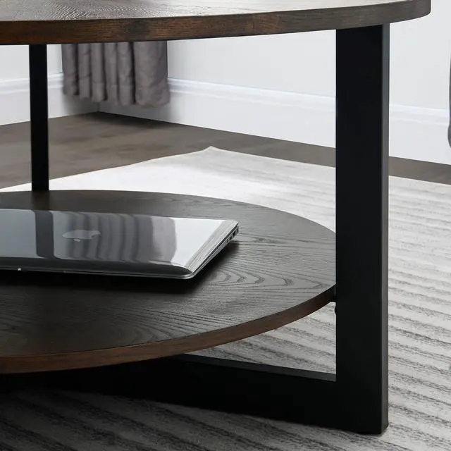 Alt view image 7 of 7 - Round Coffee Table with Storage Shelf, Farmhouse Living Room Cocktail Black Metal Legs, Circular Solid Wood Center Tea Table, Sofa 35.3-''Dx17.8-''H, Natural Brown KFZ1338NC