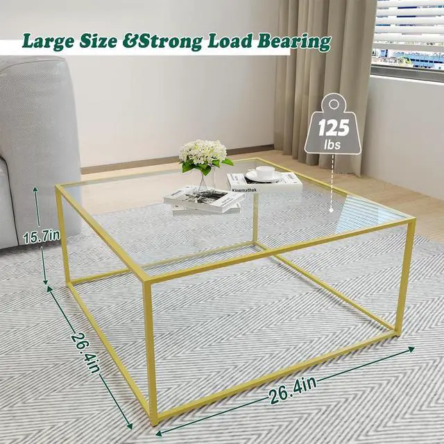 Alt view image 2 of 7 - Glass Coffee Table Modern Center Table,Minimalist Coffee Table Sofa Side Tea Table for Living Room,Tempered Glass-top with Sturdy Metal Frame, Easy Assembly,26.7 x 26.7 x 15.7 Inches, Gold