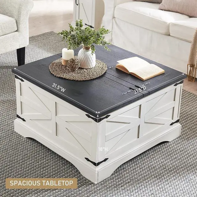 Alt view image 5 of 6 - JXQTLINGMU Farmhouse Coffee Table, Square Wood Center Table with Large Hidden Storage Compartment for Living Room, Rustic Cocktail Table with Hinged Lift Top for Home, White