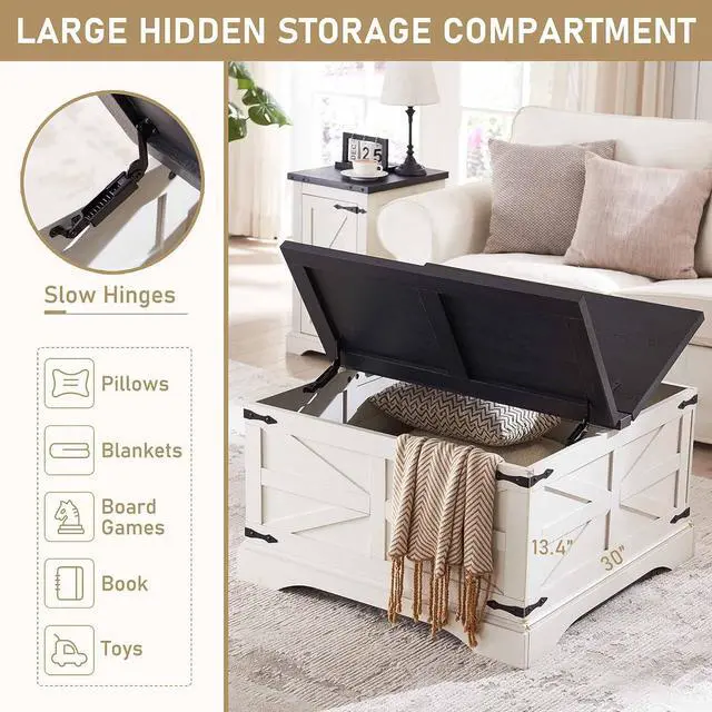 Alt view image 3 of 6 - JXQTLINGMU Farmhouse Coffee Table, Square Wood Center Table with Large Hidden Storage Compartment for Living Room, Rustic Cocktail Table with Hinged Lift Top for Home, White
