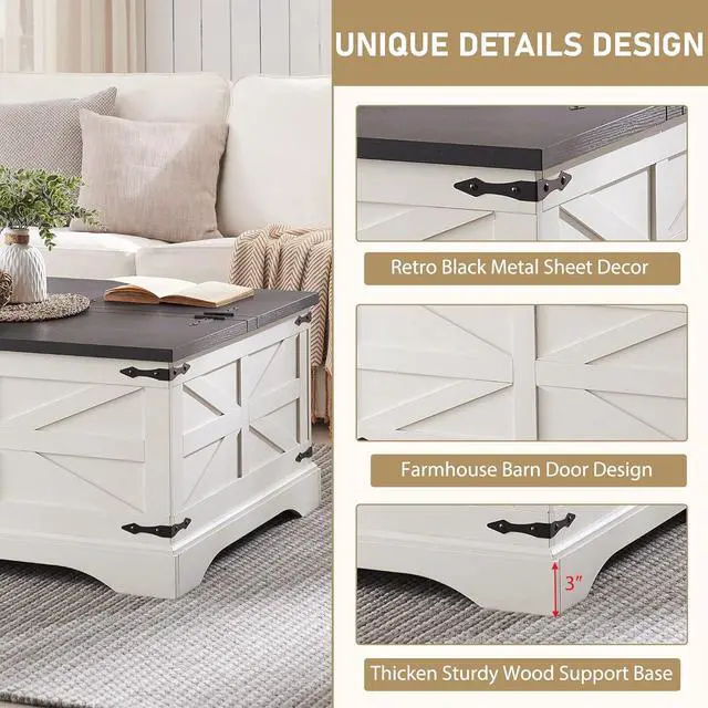 Alt view image 6 of 6 - JXQTLINGMU Farmhouse Coffee Table, Square Wood Center Table with Large Hidden Storage Compartment for Living Room, Rustic Cocktail Table with Hinged Lift Top for Home, White