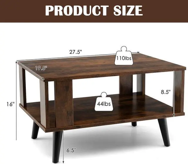 Alt view image 3 of 7 - Tangkula Small Coffee Table for Small Space, 2-Tier Wooden Center Table with Open Storage Shelf, Side Baffle, Easy Assembly, Industrial Side Table for Living Room Bedroom (Rustic Brown)