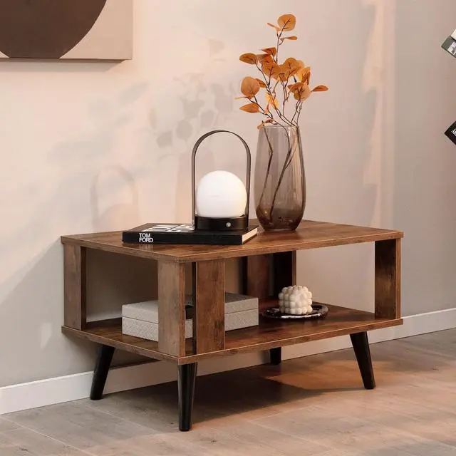 Alt view image 2 of 7 - Tangkula Small Coffee Table for Small Space, 2-Tier Wooden Center Table with Open Storage Shelf, Side Baffle, Easy Assembly, Industrial Side Table for Living Room Bedroom (Rustic Brown)