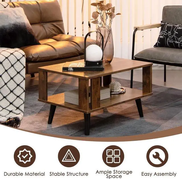 Alt view image 4 of 7 - Tangkula Small Coffee Table for Small Space, 2-Tier Wooden Center Table with Open Storage Shelf, Side Baffle, Easy Assembly, Industrial Side Table for Living Room Bedroom (Rustic Brown)