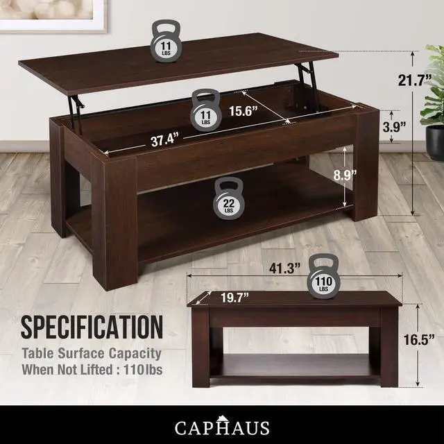 Alt view image 3 of 7 - CAPHAUS Lift Top Coffee Table w/Storage, Storage Coffee Table w/Lift Top for Living Room, Rising Tabletop Coffee Table w/Hidden Compartment, Coffee Table w/Bottom Open Shelf, 41" Espresso