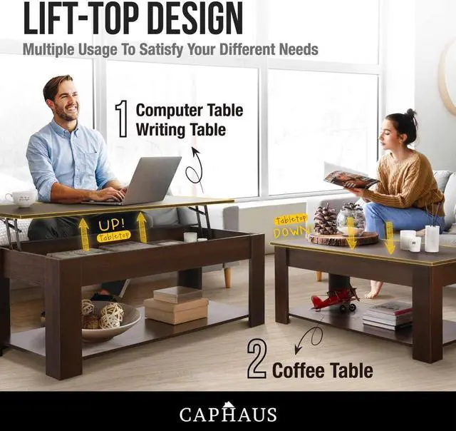 Alt view image 5 of 7 - CAPHAUS Lift Top Coffee Table w/Storage, Storage Coffee Table w/Lift Top for Living Room, Rising Tabletop Coffee Table w/Hidden Compartment, Coffee Table w/Bottom Open Shelf, 41" Espresso