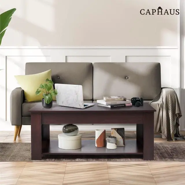 Alt view image 2 of 7 - CAPHAUS Lift Top Coffee Table w/Storage, Storage Coffee Table w/Lift Top for Living Room, Rising Tabletop Coffee Table w/Hidden Compartment, Coffee Table w/Bottom Open Shelf, 41" Espresso