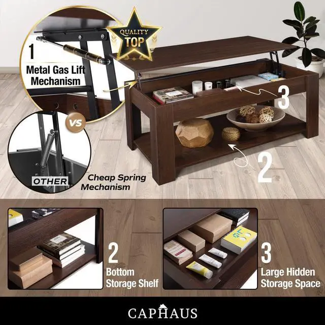 Alt view image 6 of 7 - CAPHAUS Lift Top Coffee Table w/Storage, Storage Coffee Table w/Lift Top for Living Room, Rising Tabletop Coffee Table w/Hidden Compartment, Coffee Table w/Bottom Open Shelf, 41" Espresso