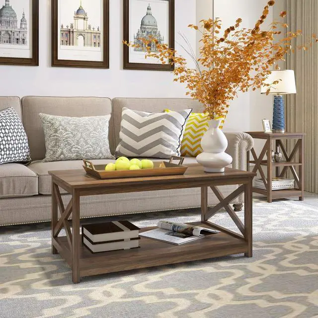 Alt view image 2 of 6 - Rainbow Sophia Coffee Table, Modern Farmhouse Wood Coffee Table with 2-Tier Storage, 40 Inch, Dark Walnut