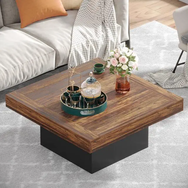 Alt view image 5 of 7 - Tribesigns Coffee Table Square LED Coffee Table Engineered Wood Low Coffee Table for Living Room (Rustic Brown+Black)