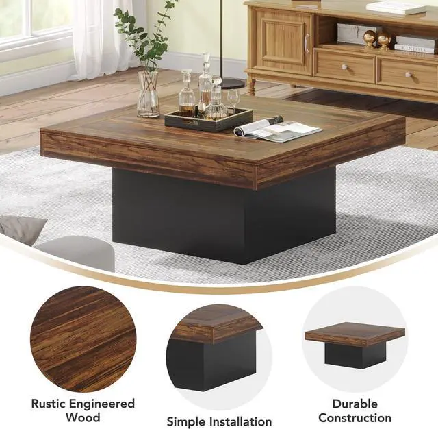 Alt view image 7 of 7 - Tribesigns Coffee Table Square LED Coffee Table Engineered Wood Low Coffee Table for Living Room (Rustic Brown+Black)