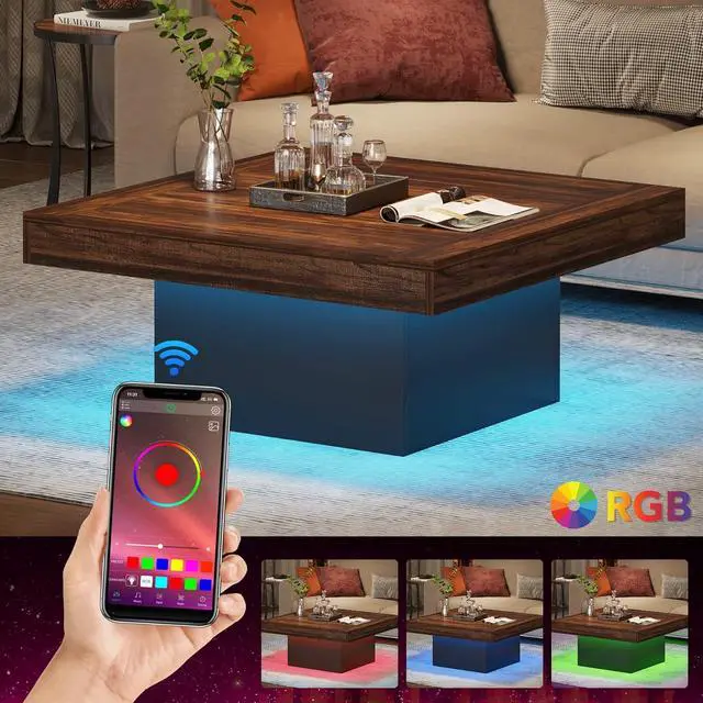 Alt view image 3 of 7 - Tribesigns Coffee Table Square LED Coffee Table Engineered Wood Low Coffee Table for Living Room (Rustic Brown+Black)