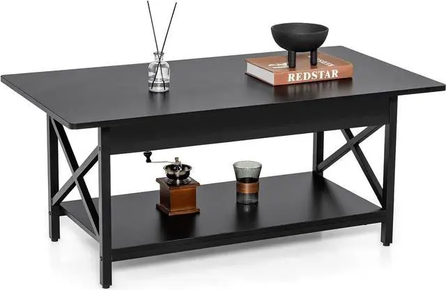 Main image of COSTWAY Industrial Coffee Table, 2-Tier Wood Cocktail Tea Table with Storage Shelf and X-Shape Steel Frame, Rectangle Sofa Side Accent Table for Living Room Home Office, Black