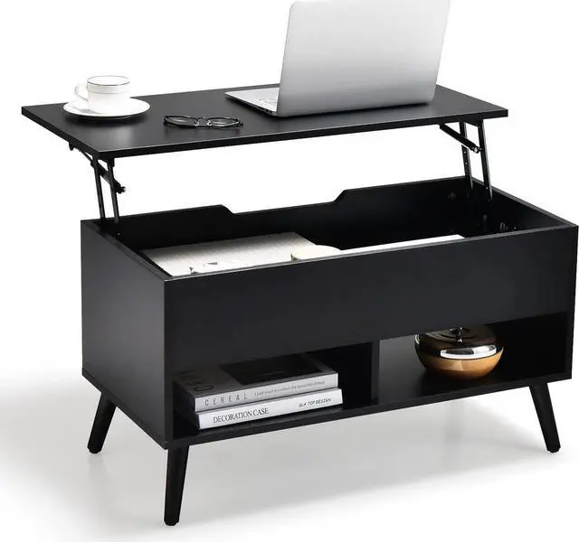 Main image of Tangkula Lift Top Coffee Table, Modern Cocktail Table with Hidden Compartment & 2 Open Shelves, Flip Top Center Table, Wooden Pull up Coffee Table for Living Room, Reception Room, Office (Black)