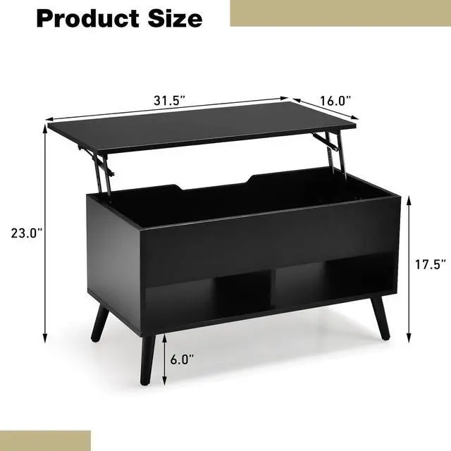 Alt view image 3 of 7 - Tangkula Lift Top Coffee Table, Modern Cocktail Table with Hidden Compartment & 2 Open Shelves, Flip Top Center Table, Wooden Pull up Coffee Table for Living Room, Reception Room, Office (Black)