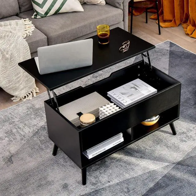 Alt view image 4 of 7 - Tangkula Lift Top Coffee Table, Modern Cocktail Table with Hidden Compartment & 2 Open Shelves, Flip Top Center Table, Wooden Pull up Coffee Table for Living Room, Reception Room, Office (Black)