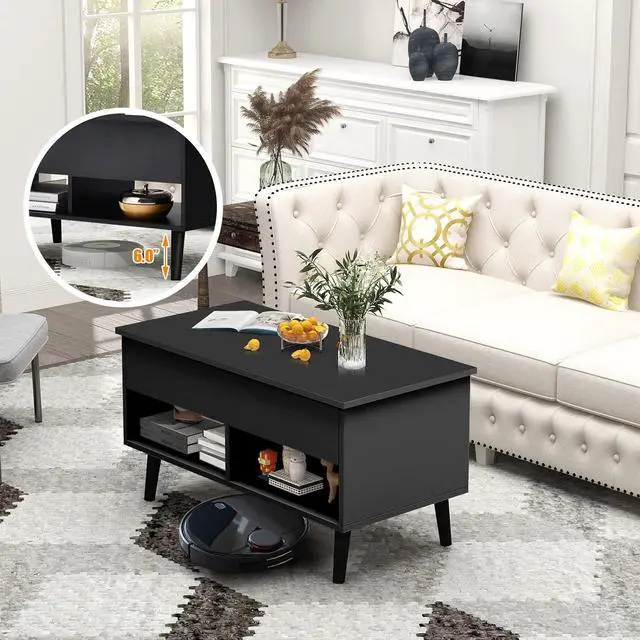 Alt view image 5 of 7 - Tangkula Lift Top Coffee Table, Modern Cocktail Table with Hidden Compartment & 2 Open Shelves, Flip Top Center Table, Wooden Pull up Coffee Table for Living Room, Reception Room, Office (Black)