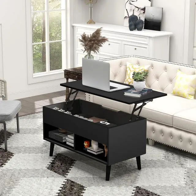 Alt view image 2 of 7 - Tangkula Lift Top Coffee Table, Modern Cocktail Table with Hidden Compartment & 2 Open Shelves, Flip Top Center Table, Wooden Pull up Coffee Table for Living Room, Reception Room, Office (Black)