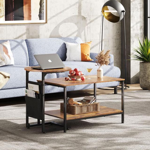 Alt view image 2 of 7 - WLIVE Coffee Table, 2 in 1 Design Nesting Coffee Table with Side Pouch for Living Room, Small Round and Rectangular Living Room Table Set, Metal Frame and Wood Desktop,Easy Assembly, Rustic Brown