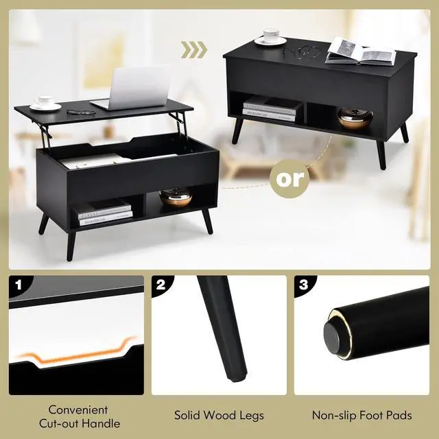 Alt view image 6 of 7 - Tangkula Lift Top Coffee Table, Modern Cocktail Table with Hidden Compartment & 2 Open Shelves, Flip Top Center Table, Wooden Pull up Coffee Table for Living Room, Reception Room, Office (Black)