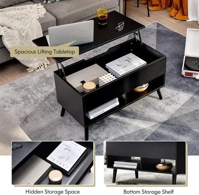 Alt view image 7 of 7 - Tangkula Lift Top Coffee Table, Modern Cocktail Table with Hidden Compartment & 2 Open Shelves, Flip Top Center Table, Wooden Pull up Coffee Table for Living Room, Reception Room, Office (Black)