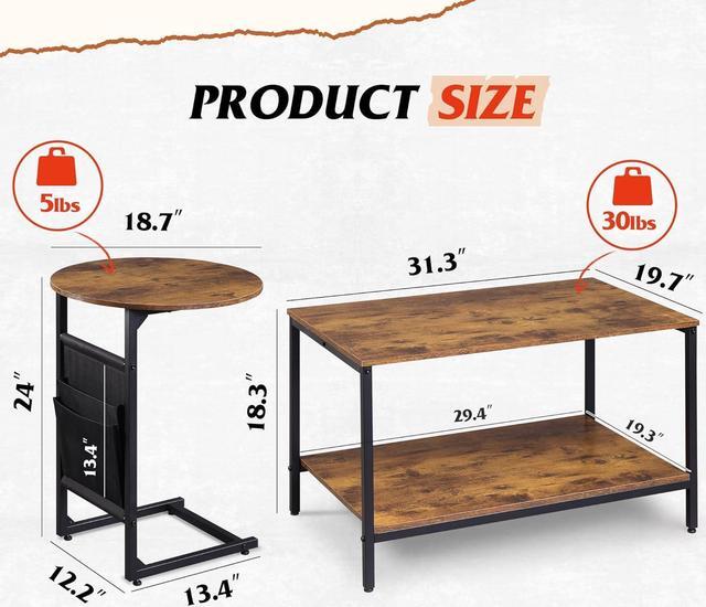 Alt view image 3 of 7 - WLIVE Coffee Table, 2 in 1 Design Nesting Coffee Table with Side Pouch for Living Room, Small Round and Rectangular Living Room Table Set, Metal Frame and Wood Desktop,Easy Assembly, Rustic Brown