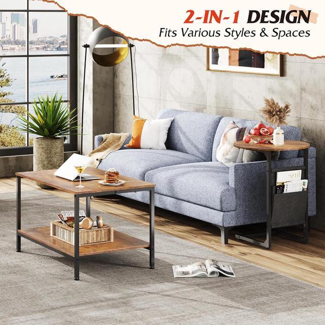 Alt view image 4 of 7 - WLIVE Coffee Table, 2 in 1 Design Nesting Coffee Table with Side Pouch for Living Room, Small Round and Rectangular Living Room Table Set, Metal Frame and Wood Desktop,Easy Assembly, Rustic Brown