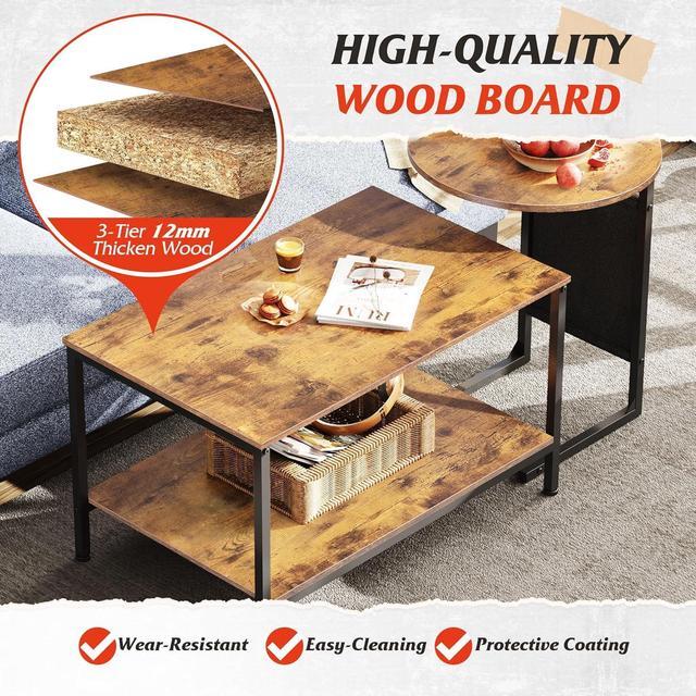 Alt view image 5 of 7 - WLIVE Coffee Table, 2 in 1 Design Nesting Coffee Table with Side Pouch for Living Room, Small Round and Rectangular Living Room Table Set, Metal Frame and Wood Desktop,Easy Assembly, Rustic Brown