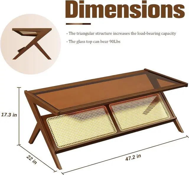 Alt view image 2 of 7 - Bamworld Mid-Century Modern Coffee Table with Glass Top Rattan Center Table with Storage for Living Room Table Brown